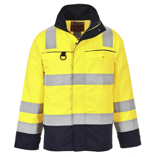 Yellow/Navy Portwest Hi-Vis Multi Norm Jacket FR61 designed for visibility and fire resistance