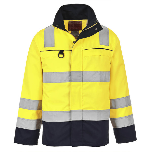 Yellow/Navy Portwest Hi-Vis Multi Norm Jacket FR61 designed for visibility and fire resistance