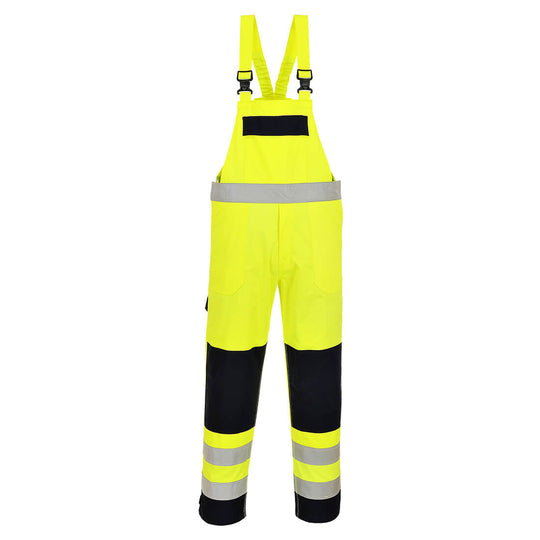 Portwest Hi-Vis Multi-Norm Bib and Brace (FR63) in yellow and navy for comprehensive protection.
