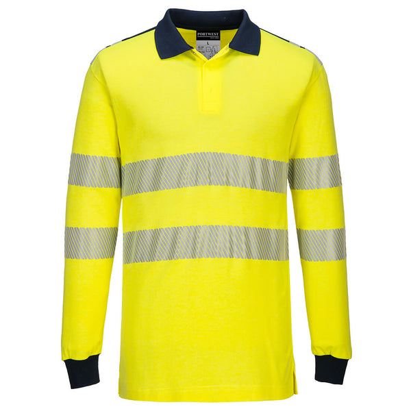 Yellow/Navy Portwest PW3 FR Hi-Vis Polo Shirt FR702 with contrast design and FR rating