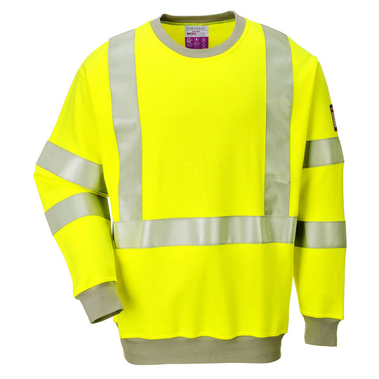 Yellow Portwest Flame-Resistant Hi-Vis Sweatshirt FR72 with anti-static properties