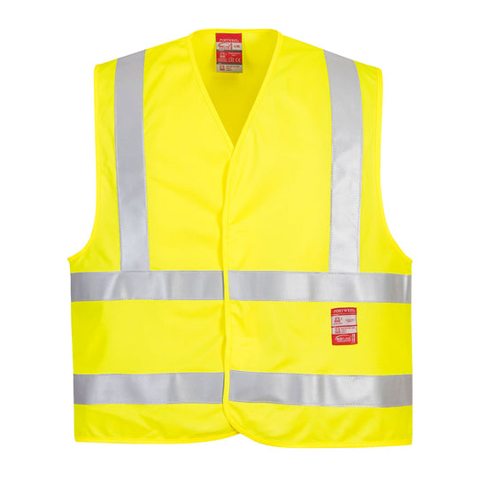 Yellow Portwest Hi-Vis FR Vest FR75 designed for fire resistance and high visibility
