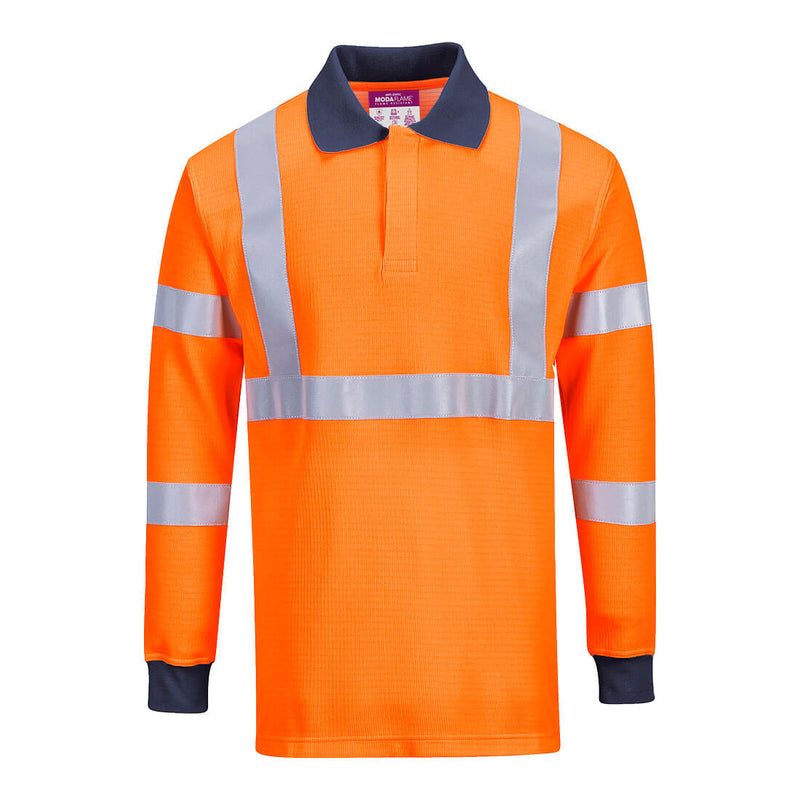 Orange Portwest RIS FR Polo Shirt FR76 featuring reflective tape and breathable fabric
