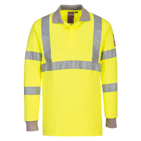 Yellow Portwest Long Sleeve FR Polo Shirt FR77 with anti-static protection and hi-vis