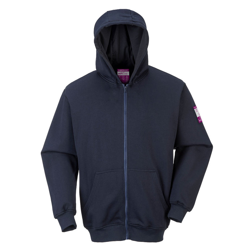 Navy Portwest FR Hooded Sweatshirt FR81 with zip front and thermal fire-resistant design