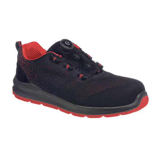 Black and red knit safety trainer with wire lace closure, composite toe, and flexible outsole.