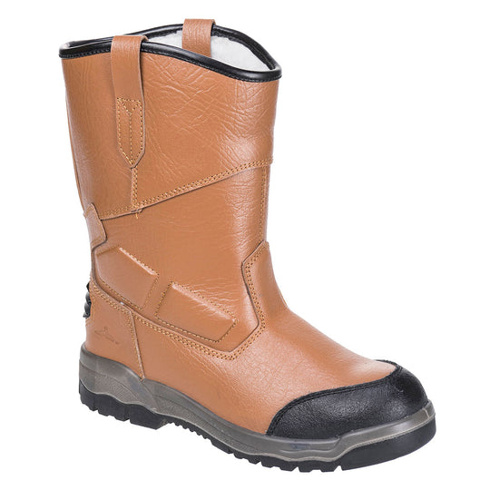 Tan rigger safety boot with steel toe cap and heavy-duty tread for industrial protection