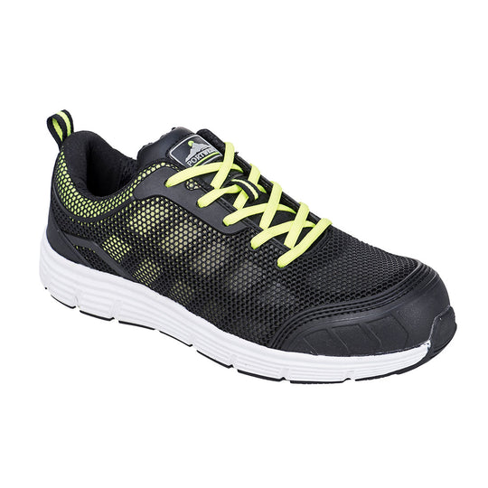 Green and black safety trainer with mesh panels and cushioned collar for comfort