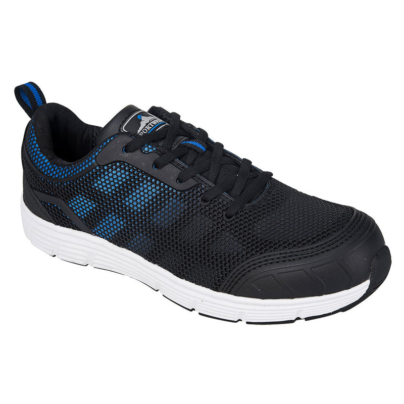 Black safety trainer with green accents, breathable upper, and reinforced toe