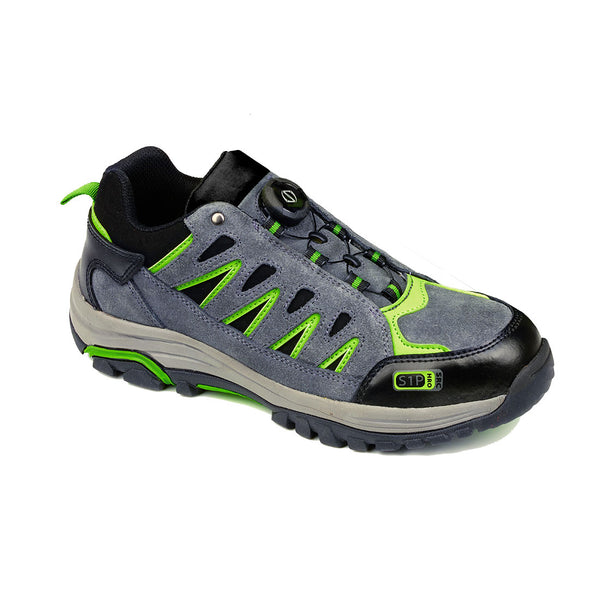 Grey and green safety trainer with wire lace and slip-resistant sole
