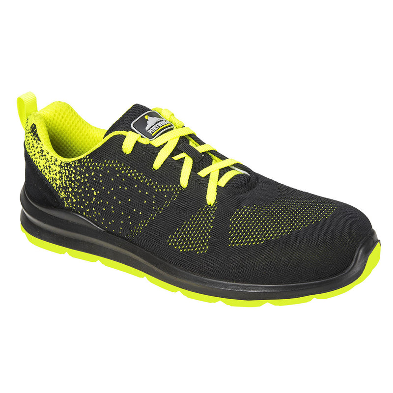 Black and green lightweight safety trainer with breathable mesh upper