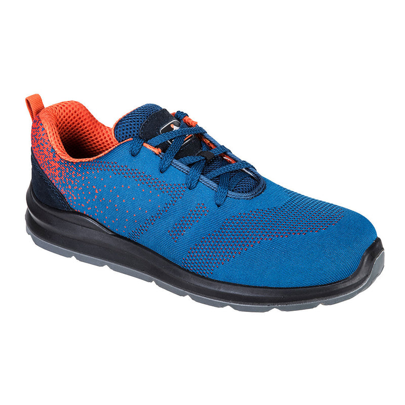 Black and blue safety trainer with reinforced toe and cushioned sole