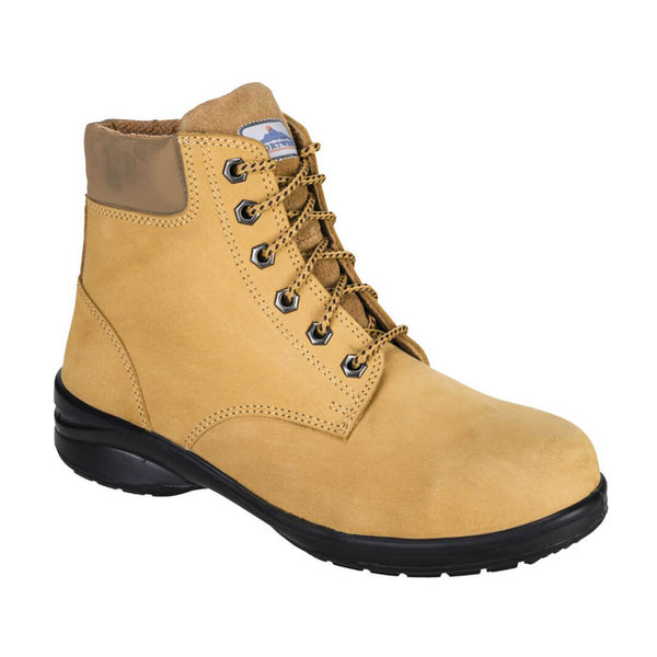 White women's ankle safety boot with reinforced toe and lace-up front