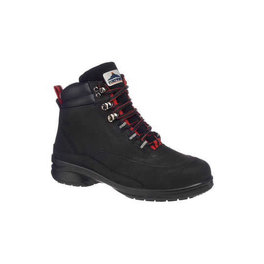 Black and red women's hiker boot with rugged sole and ankle support