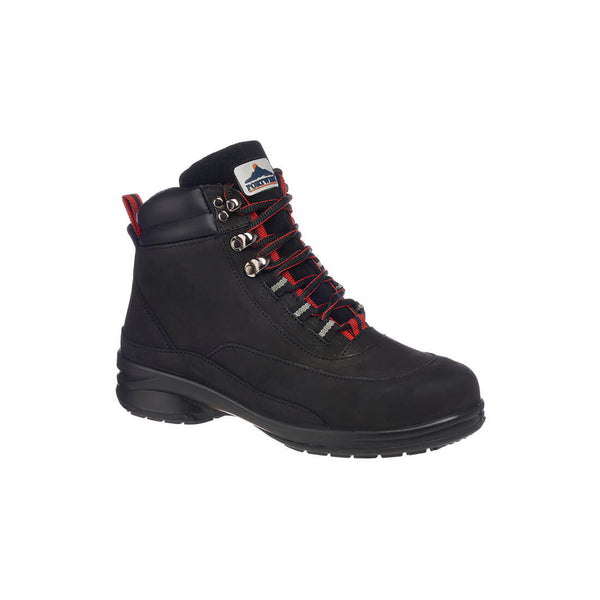 Black and red women's hiker boot with rugged sole and ankle support