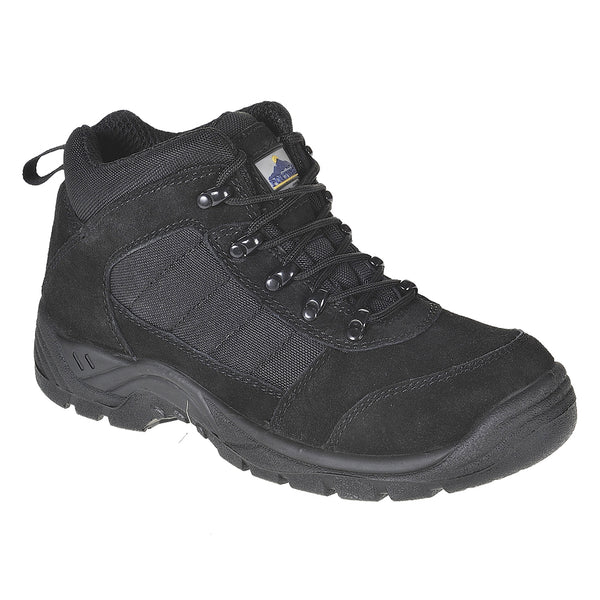 Black safety boot with reinforced toe and slip-resistant tread