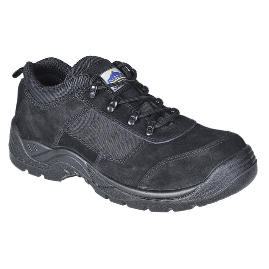 Black safety shoe with padded collar and durable outsole