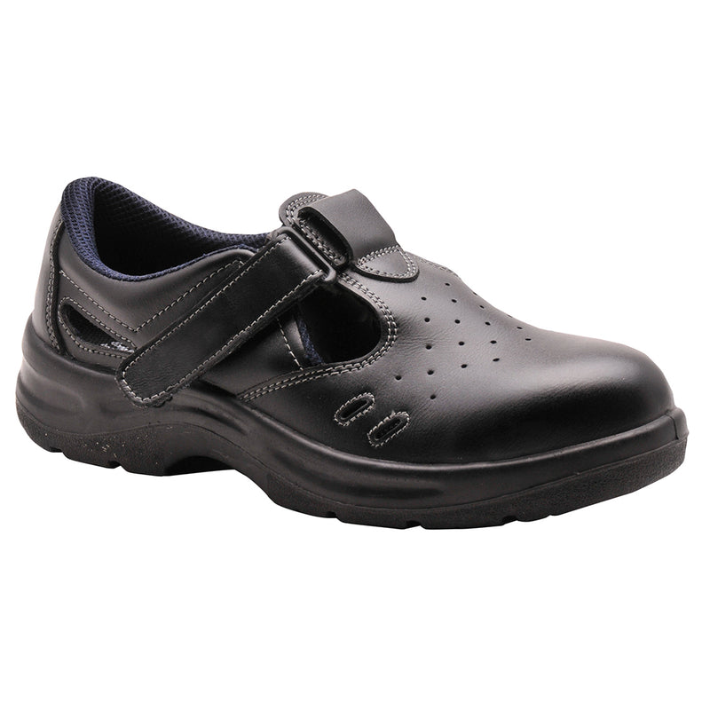 Black safety sandal with open design and adjustable straps