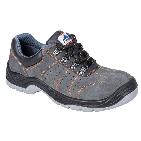 Grey perforated safety trainer with reinforced toe and flexible sole