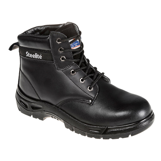Black safety boot with steel toe and heavy-duty outsole