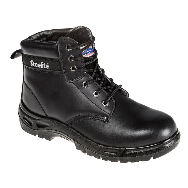 Black safety boot with steel toe and heavy-duty outsole