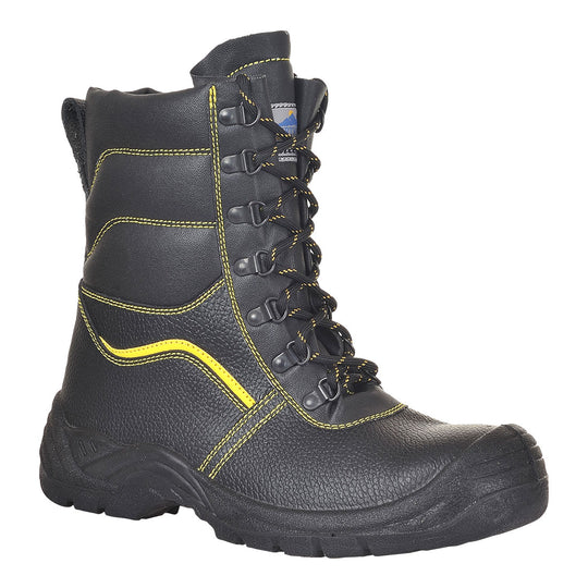 Black fur-lined safety boot with reinforced toe and insulated lining