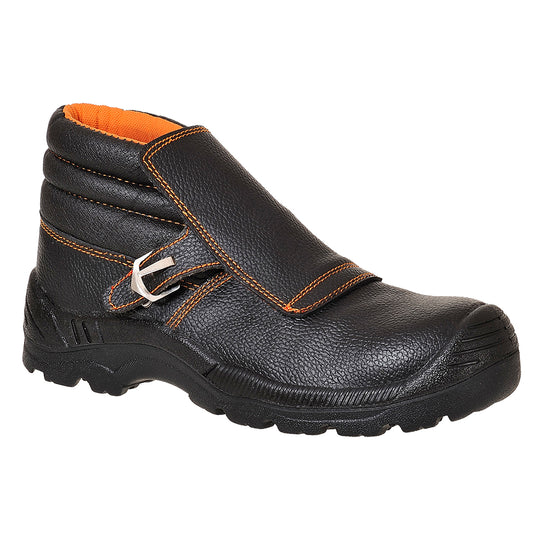 Black welder's boot with protective flap and heat-resistant sole