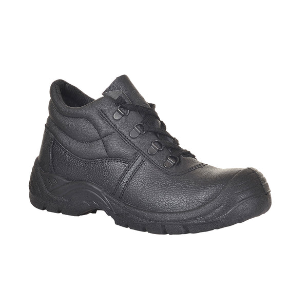 Black S1P safety boot with steel toecap, scuff cap, and slip-resistant sole for industrial workplaces.