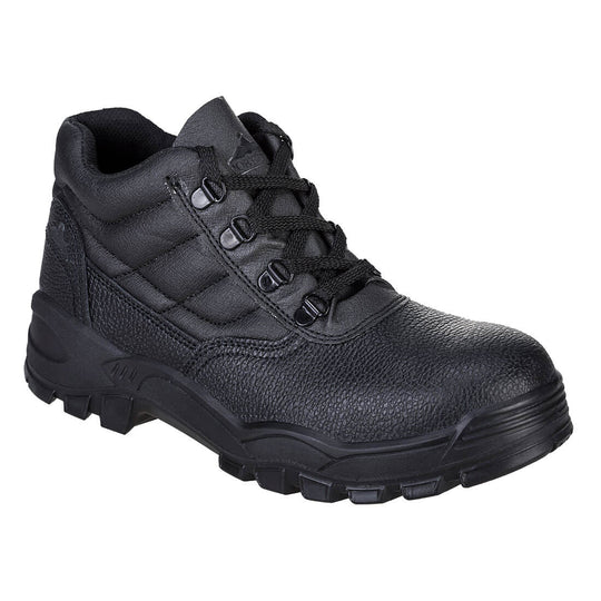Black S1P safety boot with steel toe, puncture-resistant midsole, and anti-slip sole for worksite safety.