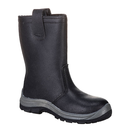 Black rigger boot with steel toe, fur lining, pull-on loops, and heat-resistant outsole for cold conditions.