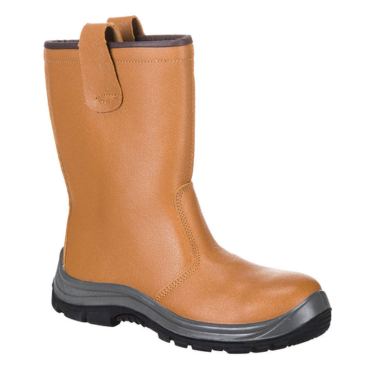 Tan rigger boot with steel toe, fur lining, pull-on tabs, and rugged sole for outdoor industrial work.