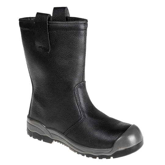 Black rigger boot with scuff cap, steel toecap, fur lining, and durable slip-resistant sole for tough jobs.