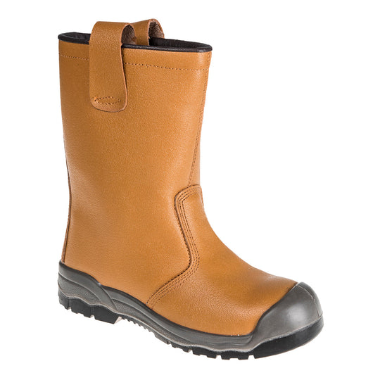 Tan rigger boot with reinforced scuff cap, steel toe, fur lining, and heavy-duty sole for site protection.