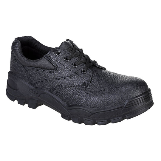 Black S1P safety shoe with steel toecap, puncture-resistant midsole, and slip-resistant sole for secure footing.