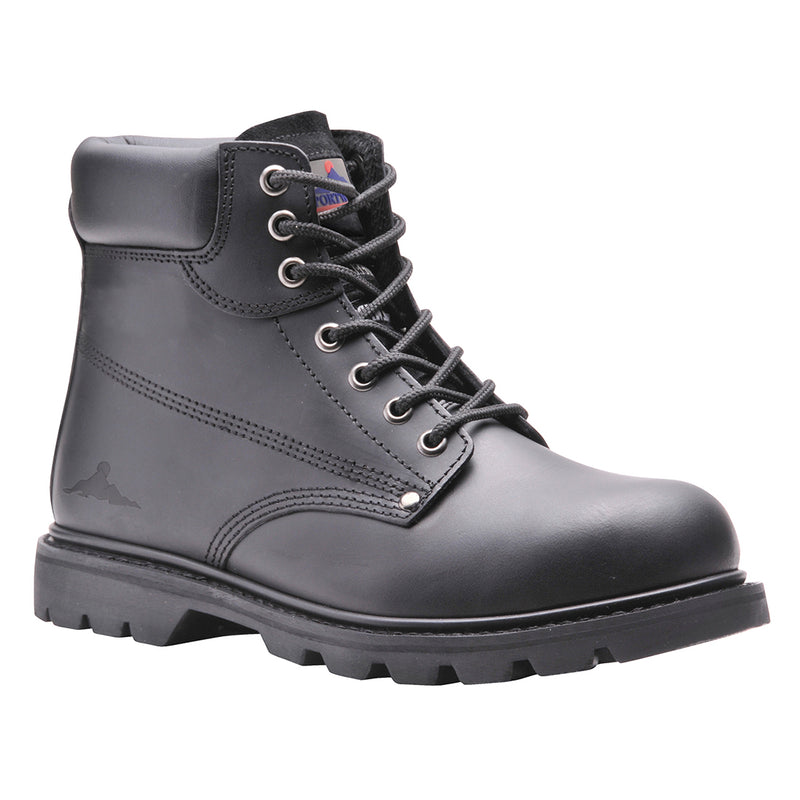 Black welted safety boot with steel toe, heat-resistant outsole, and energy-absorbing heel for all-day comfort.
