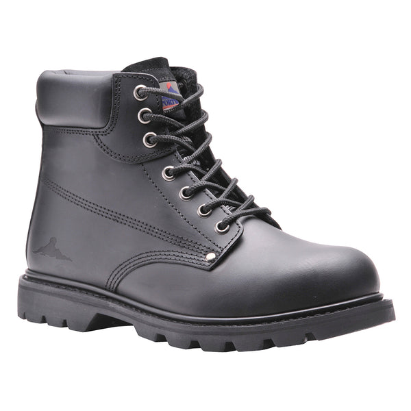 Black welted safety boot with steel toe, heat-resistant outsole, and energy-absorbing heel for all-day comfort.