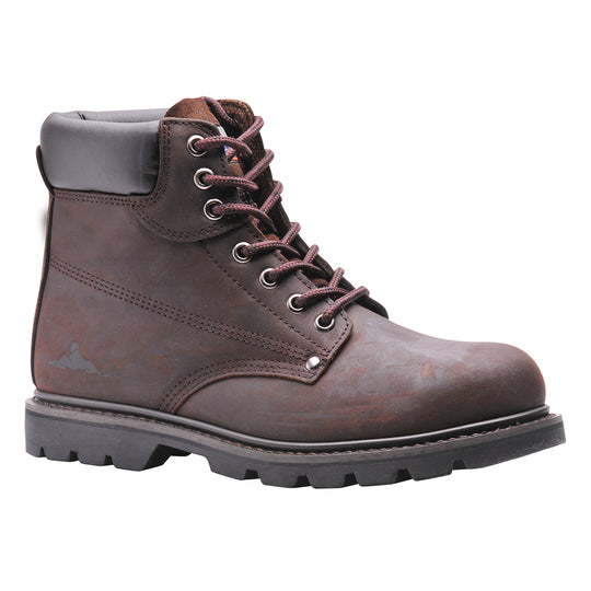 Brown welted safety boot with steel toecap, heat-resistant sole, and cushioned collar for industrial use.