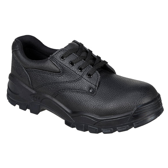 Black lightweight work shoe with breathable upper and slip-resistant sole for comfort and safety.