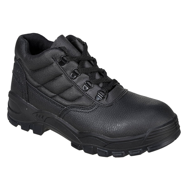 Black work boot with padded collar, flexible sole, and shock-absorbing heel for all-day support.