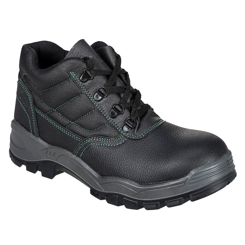 Black S1 safety boot with steel toecap, energy-absorbing heel, and anti-static sole for industrial protection.