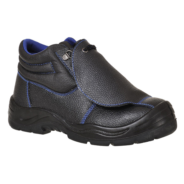 Black metatarsal boot with steel toe, heat-resistant sole, and extra foot protection for hazardous work.