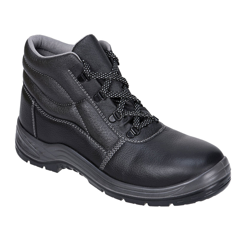 Black S3 safety boot with steel toe, water-resistant upper, and cushioned insole for tough job sites.