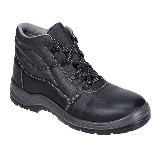 Black S3 safety boot with steel toe, water-resistant upper, and cushioned insole for tough job sites.
