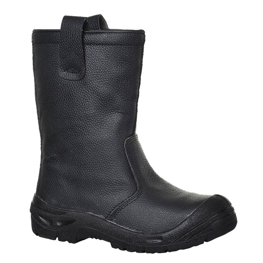 Black rigger boot with scuff cap, steel toe, fur lining, and heavy-duty sole for cold and hazardous sites.