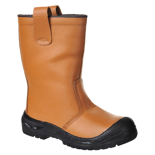 Tan rigger boot with reinforced toe, fur lining, and slip-resistant sole for maximum comfort and safety.