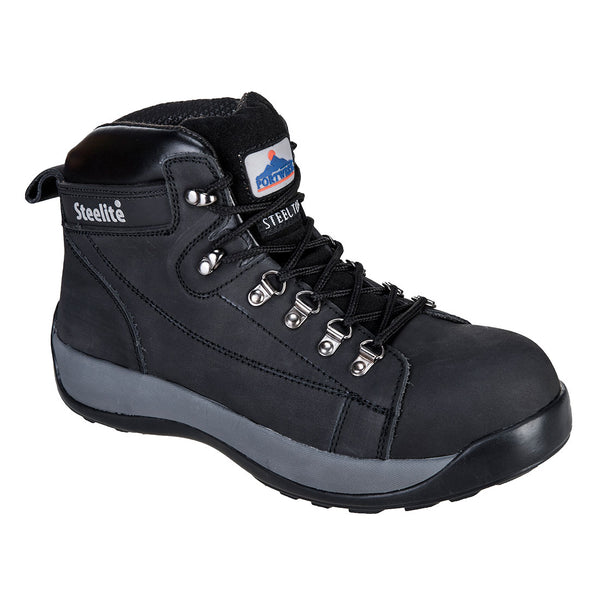 Black mid-cut nubuck boot with steel toecap, heat-resistant sole, and padded ankle support for safety.