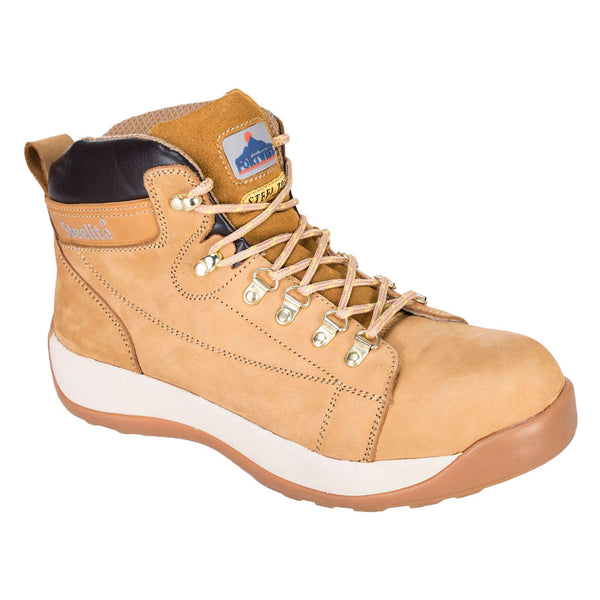 Tan mid-cut nubuck boot with steel toe, cushioned collar, and rugged outsole for secure footing.