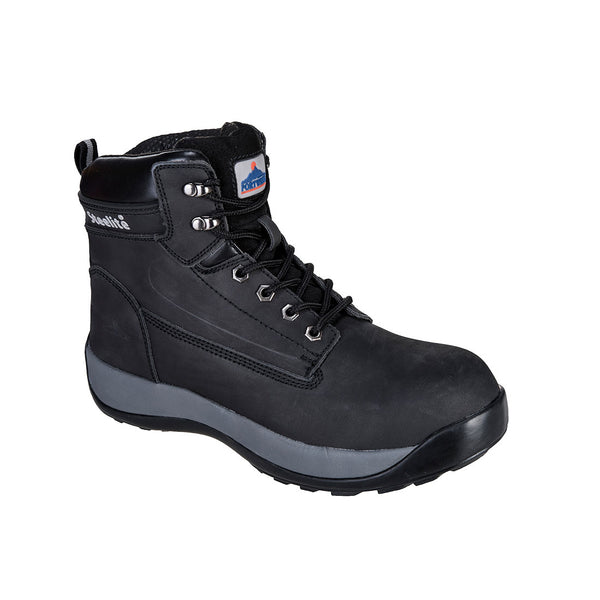 Black nubuck safety boot with steel toecap, heat-resistant outsole, and padded collar for industrial work.