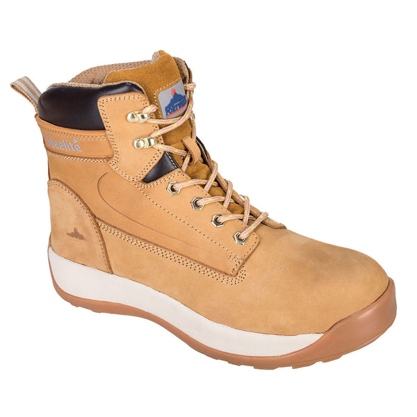 Tan nubuck safety boot with steel toecap, rugged sole, and padded collar for construction and industrial work.