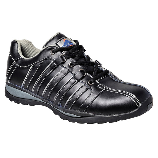 Black safety trainer with steel toecap, breathable mesh upper, and slip-resistant sole for active workplaces.
